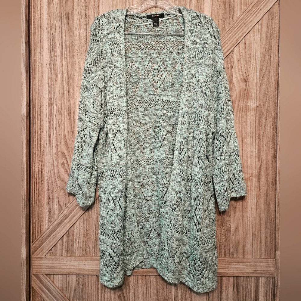 Oversized Light Green and Gray Open Front Cardigan